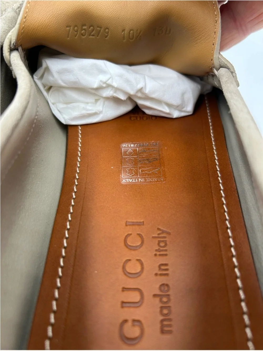 Men’s Gucci suede oatmeal horse bit driver loafer size 10.5 fits 11.5 US